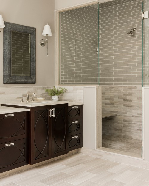 Chocolate Color Raised Middle Cabinet Bump Out Vanity with White Marble Vanity Top andCeramic Subway Shower Backsplash, Marble looking Subway Backsplash and Rectangle Ceramic Floor Tiles Modern Bathroom Vanity Double Sink Vanity Bathroom Vanities Vessel Sink Powder Room Floating Vanity Wall Mounted Small Bathroom Counter Space Rustic Bathroom Storage Space